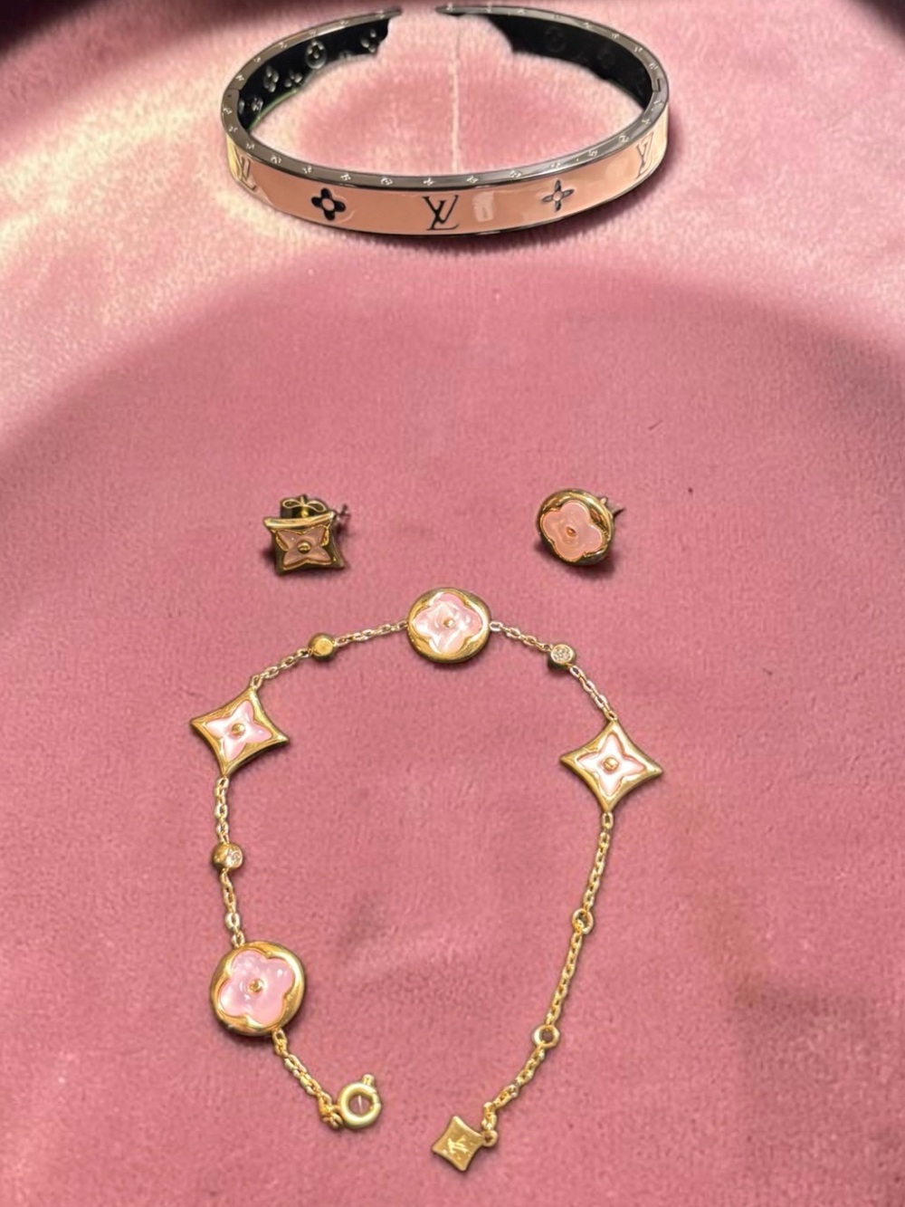 Pink Enamel Bracelet, Bangle & Stud Earring Set